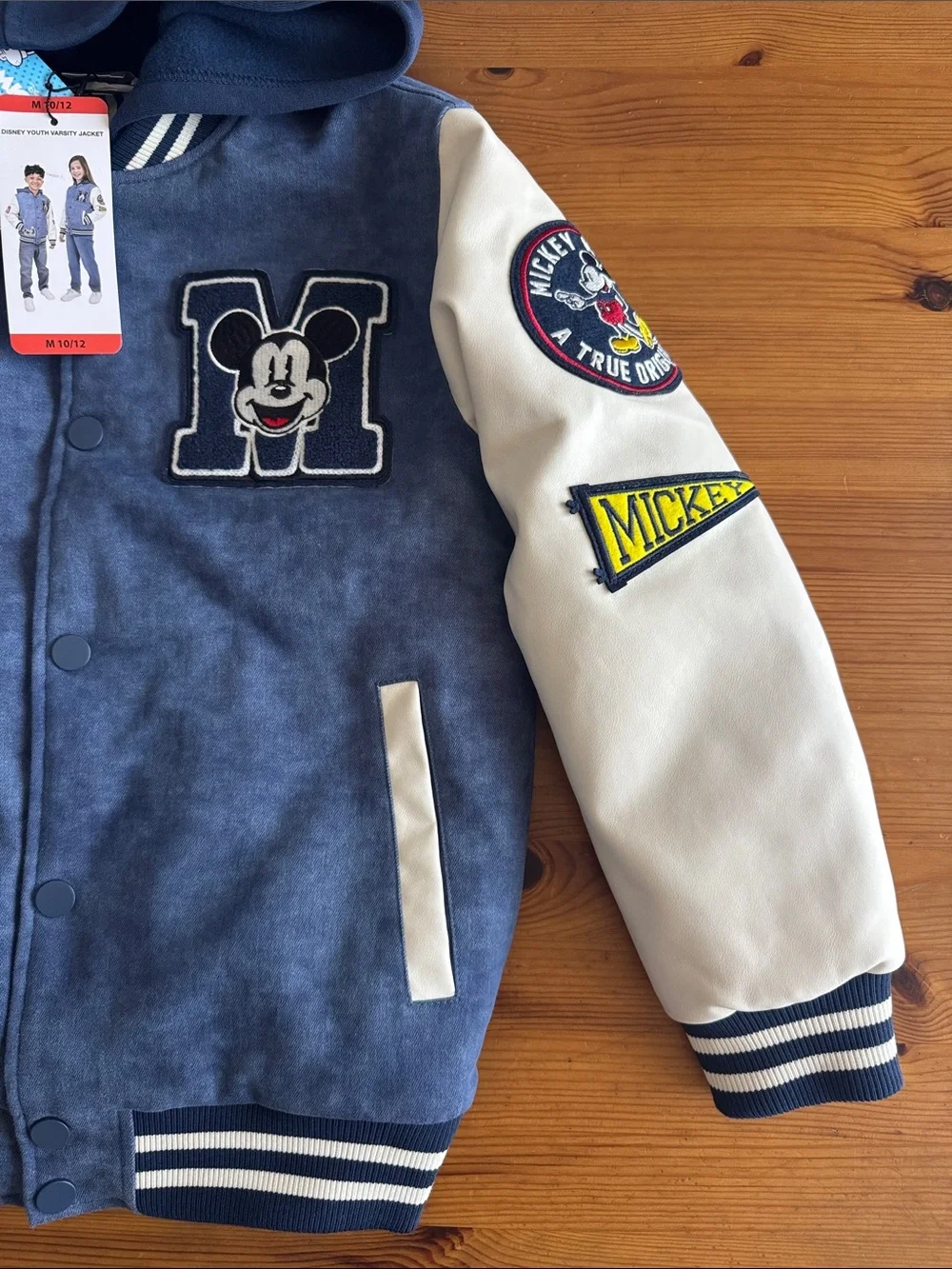Disney Navy & White Mickey Youth Varsity Hooded Jacket with Embroidery Patches